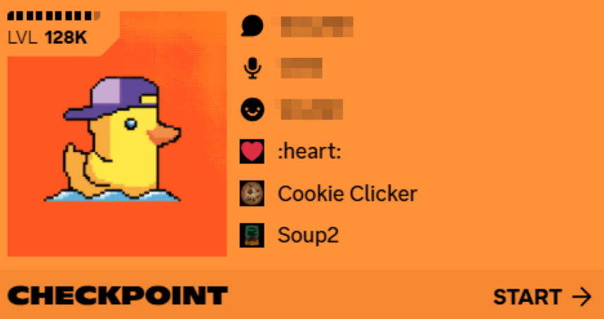 Discord summarizing Dal's activity. He has a yellow duck with a purple hat as a profile accessory. The number of messages sent, time spent in voice calls, and emojis used are censored. The most used emoji is a heart. The most played game is Cookie Clicker. The most used server is Soup2.
